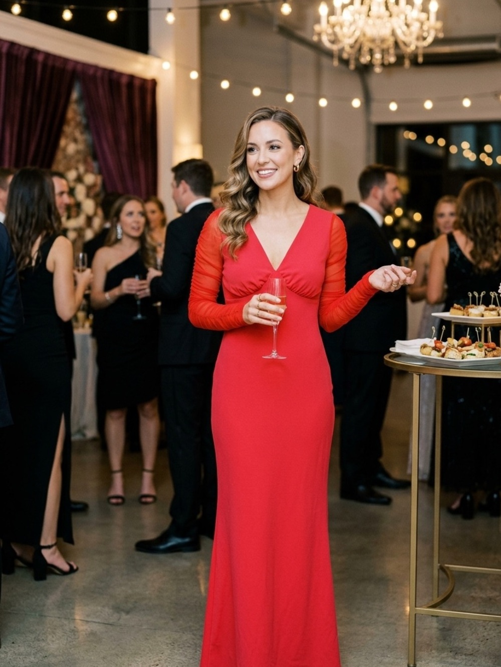 Elegant Red Sheer Long Sleeve Fitted V-Neck Evening Dress Size S New